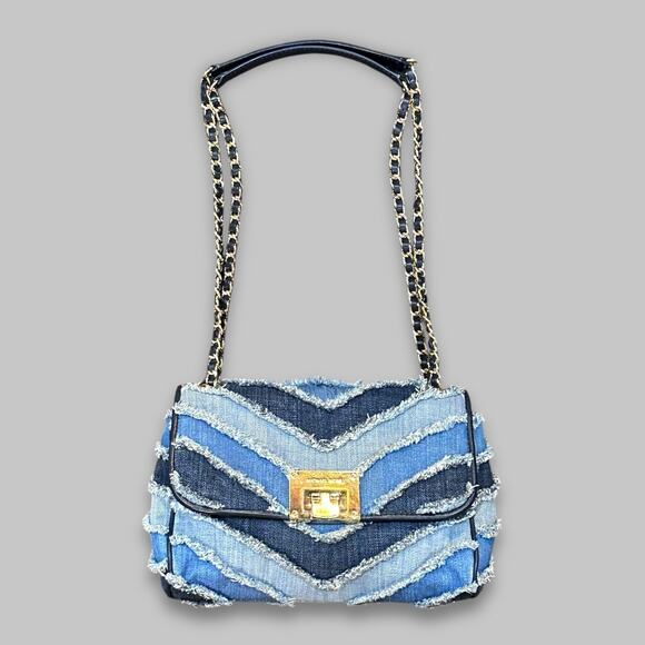 Michael Kors Denim Chevron Shoulder Bag with Gold Chain Strap - Picture 1 of 5